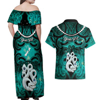 Personalised Maori Matariki Manaia Turquoise Couples Matching Off Shoulder Maxi Dress and Hawaiian Shirt Maori Kowhaiwhai Pattern Galaxy LT01 - Polynesian Pride
