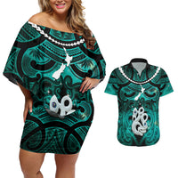 Personalised Maori Matariki Manaia Turquoise Couples Matching Off Shoulder Short Dress and Hawaiian Shirt Maori Kowhaiwhai Pattern Galaxy LT01 Turquoise - Polynesian Pride
