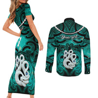 Personalised Maori Matariki Manaia Turquoise Couples Matching Short Sleeve Bodycon Dress and Long Sleeve Button Shirt Maori Kowhaiwhai Pattern Galaxy LT01 - Polynesian Pride
