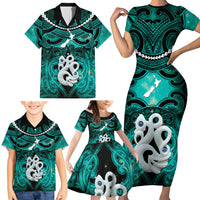 Personalised Maori Matariki Manaia Turquoise Family Matching Short Sleeve Bodycon Dress and Hawaiian Shirt Maori Kowhaiwhai Pattern Galaxy LT01 - Polynesian Pride