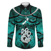 Personalised Maori Matariki Manaia Turquoise Family Matching Short Sleeve Bodycon Dress and Hawaiian Shirt Maori Kowhaiwhai Pattern Galaxy LT01 Dad's Shirt - Long Sleeve Turquoise - Polynesian Pride