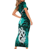 Personalised Maori Matariki Manaia Turquoise Family Matching Short Sleeve Bodycon Dress and Hawaiian Shirt Maori Kowhaiwhai Pattern Galaxy LT01 - Polynesian Pride