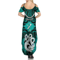 Personalised Maori Matariki Manaia Turquoise Family Matching Summer Maxi Dress and Hawaiian Shirt Maori Kowhaiwhai Pattern Galaxy
