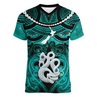 Personalised Maori Matariki Manaia Turquoise Women V-Neck T-Shirt Maori Kowhaiwhai Pattern Galaxy LT01 Female Turquoise - Polynesian Pride