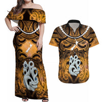 Personalised Maori Matariki Manaia Kowhai Couples Matching Off Shoulder Maxi Dress and Hawaiian Shirt Maori Kowhaiwhai Pattern Galaxy LT01 Yellow - Polynesian Pride