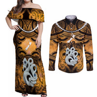 Personalised Maori Matariki Manaia Kowhai Couples Matching Off Shoulder Maxi Dress and Long Sleeve Button Shirt Maori Kowhaiwhai Pattern Galaxy LT01 Yellow - Polynesian Pride