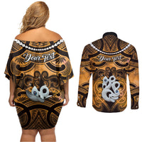 Personalised Maori Matariki Manaia Kowhai Couples Matching Off Shoulder Short Dress and Long Sleeve Button Shirt Maori Kowhaiwhai Pattern Galaxy LT01 - Polynesian Pride