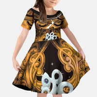 Personalised Maori Matariki Manaia Kowhai Family Matching Mermaid Dress and Hawaiian Shirt Maori Kowhaiwhai Pattern Galaxy LT01 Daughter's Dress Yellow - Polynesian Pride