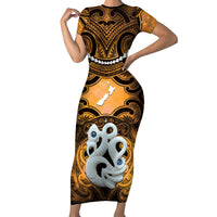 Personalised Maori Matariki Manaia Kowhai Short Sleeve Bodycon Dress Maori Kowhaiwhai Pattern Galaxy LT01 Long Dress Yellow - Polynesian Pride