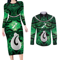 Personalised Maori Matariki Hei Matau Kakariki Couples Matching Long Sleeve Bodycon Dress and Long Sleeve Button Shirt Maori Kowhaiwhai Pattern Galaxy LT01 Green - Polynesian Pride