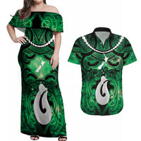 Personalised Maori Matariki Hei Matau Kakariki Couples Matching Off Shoulder Maxi Dress and Hawaiian Shirt Maori Kowhaiwhai Pattern Galaxy LT01 Green - Polynesian Pride