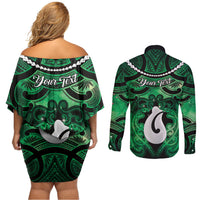 Personalised Maori Matariki Hei Matau Kakariki Couples Matching Off Shoulder Short Dress and Long Sleeve Button Shirt Maori Kowhaiwhai Pattern Galaxy LT01 - Polynesian Pride