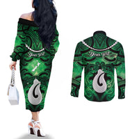 Personalised Maori Matariki Hei Matau Kakariki Couples Matching Off The Shoulder Long Sleeve Dress and Long Sleeve Button Shirt Maori Kowhaiwhai Pattern Galaxy LT01 - Polynesian Pride