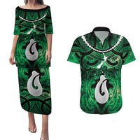 Personalised Maori Matariki Hei Matau Kakariki Couples Matching Puletasi and Hawaiian Shirt Maori Kowhaiwhai Pattern Galaxy LT01 Green - Polynesian Pride