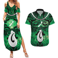Personalised Maori Matariki Hei Matau Kakariki Couples Matching Summer Maxi Dress and Hawaiian Shirt Maori Kowhaiwhai Pattern Galaxy LT01 Green - Polynesian Pride