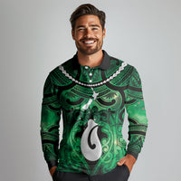 Personalised Maori Matariki Hei Matau Kakariki Long Sleeve Polo Shirt Maori Kowhaiwhai Pattern Galaxy LT01 - Polynesian Pride