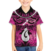 Personalised Maori Matariki Hei Matau Mawhero Family Matching Off The Shoulder Long Sleeve Dress and Hawaiian Shirt Maori Kowhaiwhai Pattern Galaxy LT01 Son's Shirt Pink - Polynesian Pride