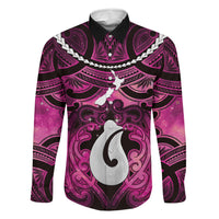 Personalised Maori Matariki Hei Matau Mawhero Family Matching Summer Maxi Dress and Hawaiian Shirt Maori Kowhaiwhai Pattern Galaxy LT01 Dad's Shirt - Long Sleeve Pink - Polynesian Pride