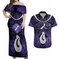 Personalised Maori Matariki Hei Matau Waiporoporo Couples Matching Off Shoulder Maxi Dress and Hawaiian Shirt Maori Kowhaiwhai Pattern Galaxy