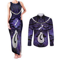 Personalised Maori Matariki Hei Matau Waiporoporo Couples Matching Tank Maxi Dress and Long Sleeve Button Shirt Maori Kowhaiwhai Pattern Galaxy LT01 Purple - Polynesian Pride