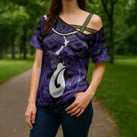 Personalised Maori Matariki Hei Matau Waiporoporo Cross Shoulder Shirt Maori Kowhaiwhai Pattern Galaxy LT01 - Polynesian Pride