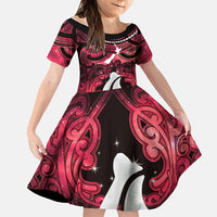Personalised Maori Matariki Hei Matau Whero Family Matching Long Sleeve Bodycon Dress and Hawaiian Shirt Maori Kowhaiwhai Pattern Galaxy LT01 Daughter's Dress Red - Polynesian Pride