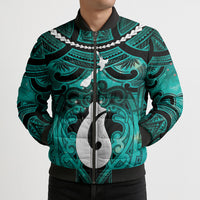 Personalised Maori Matariki Hei Matau Turquoise Bomber Puffer Jacket Maori Kowhaiwhai Pattern Galaxy