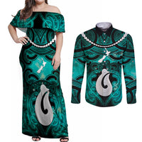 Personalised Maori Matariki Hei Matau Turquoise Couples Matching Off Shoulder Maxi Dress and Long Sleeve Button Shirt Maori Kowhaiwhai Pattern Galaxy LT01 Turquoise - Polynesian Pride