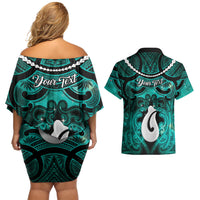 Personalised Maori Matariki Hei Matau Turquoise Couples Matching Off Shoulder Short Dress and Hawaiian Shirt Maori Kowhaiwhai Pattern Galaxy LT01 - Polynesian Pride