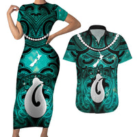 Personalised Maori Matariki Hei Matau Turquoise Couples Matching Short Sleeve Bodycon Dress and Hawaiian Shirt Maori Kowhaiwhai Pattern Galaxy