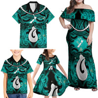 Personalised Maori Matariki Hei Matau Turquoise Family Matching Off Shoulder Maxi Dress and Hawaiian Shirt Maori Kowhaiwhai Pattern Galaxy