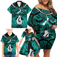 Personalised Maori Matariki Hei Matau Turquoise Family Matching Off Shoulder Short Dress and Hawaiian Shirt Maori Kowhaiwhai Pattern Galaxy LT01 - Polynesian Pride