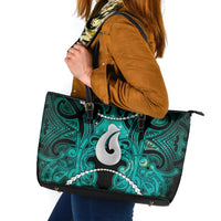 Maori Matariki Hei Matau Turquoise Leather Tote Bag Maori Kowhaiwhai Pattern Galaxy