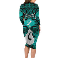 Personalised Maori Matariki Hei Matau Turquoise Long Sleeve Bodycon Dress Maori Kowhaiwhai Pattern Galaxy LT01 - Polynesian Pride