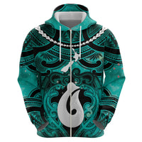 Personalised Maori Matariki Hei Matau Turquoise Zip Hoodie Maori Kowhaiwhai Pattern Galaxy