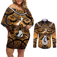 Personalised Maori Matariki Hei Matau Kowhai Couples Matching Off Shoulder Short Dress and Long Sleeve Button Shirt Maori Kowhaiwhai Pattern Galaxy LT01 Yellow - Polynesian Pride