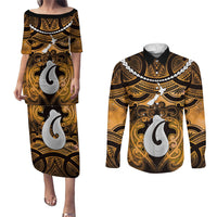 Personalised Maori Matariki Hei Matau Kowhai Couples Matching Puletasi and Long Sleeve Button Shirt Maori Kowhaiwhai Pattern Galaxy LT01 Yellow - Polynesian Pride