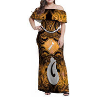 Personalised Maori Matariki Hei Matau Kowhai Family Matching Off Shoulder Maxi Dress and Hawaiian Shirt Maori Kowhaiwhai Pattern Galaxy LT01 Mom's Dress Yellow - Polynesian Pride