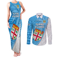 Fiji Rugby Couples Matching Tank Maxi Dress and Long Sleeve Button Shirts Come On Fijian Tapa Pattern LT01 Blue - Polynesian Pride