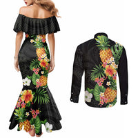Hawaii Pineapple Tropical Couples Matching Mermaid Dress and Long Sleeve Button Shirt Colorful Hibiscus Plumeria