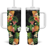 Hawaii Pineapple Tropical Tumbler With Handle Colorful Hibiscus Plumeria