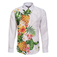 Hawaii Pineapple Tropical Family Matching Tank Maxi Dress and Hawaiian Shirt Luminous Hibiscus Plumeria LT01 Dad's Shirt - Long Sleeve White - Polynesian Pride