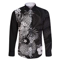 Hawaii Pineapple Tropical Family Matching Short Sleeve Bodycon Dress and Hawaiian Shirt Neutral Hibiscus Plumeria LT01 Dad's Shirt - Long Sleeve Black - Polynesian Pride