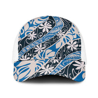 Ninamu Tahiti Tiare Monstera Baseball Net Cap Polynesian Pattern Curve Style LT01 One Size White Blue - Polynesian Pride