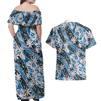 Ninamu Tahiti Tiare Monstera Couples Matching Off Shoulder Maxi Dress and Hawaiian Shirt Polynesian Pattern Curve Style LT01 - Polynesian Pride