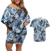 Ninamu Tahiti Tiare Monstera Couples Matching Off Shoulder Short Dress and Hawaiian Shirt Polynesian Pattern Curve Style LT01 Blue - Polynesian Pride