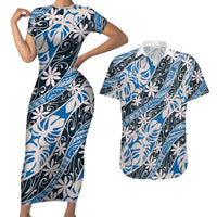 Ninamu Tahiti Tiare Monstera Couples Matching Short Sleeve Bodycon Dress and Hawaiian Shirt Polynesian Pattern Curve Style LT01 Blue - Polynesian Pride