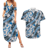 Ninamu Tahiti Tiare Monstera Couples Matching Summer Maxi Dress and Hawaiian Shirt Polynesian Pattern Curve Style LT01 Blue - Polynesian Pride