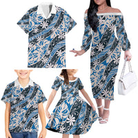 Ninamu Tahiti Tiare Monstera Family Matching Off The Shoulder Long Sleeve Dress and Hawaiian Shirt Polynesian Pattern Curve Style - Polynesian Pride