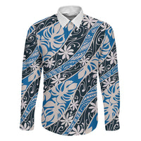 Ninamu Tahiti Tiare Monstera Family Matching Off Shoulder Maxi Dress and Hawaiian Shirt Polynesian Pattern Curve Style LT01 Dad's Shirt - Long Sleeve Blue - Polynesian Pride